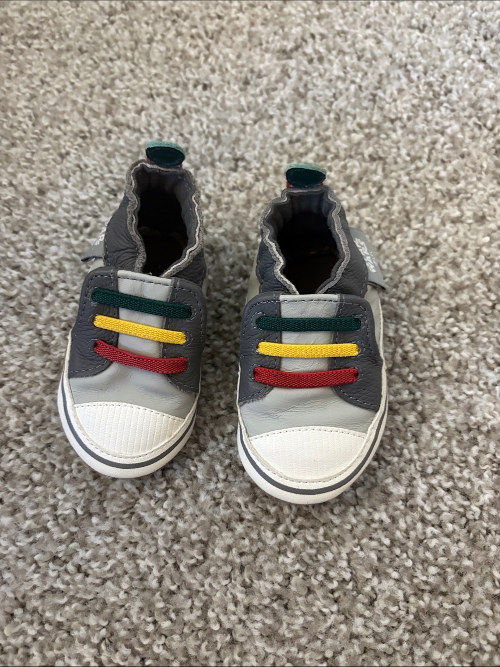 Robeez Gray Slip-On Sneakers with Red, Yellow & Green Elastic Laces